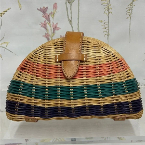 J. Crew Woven Half-Moon Straw Clutch in Tan, Coral, Teal, Navy - Picture 1 of 15